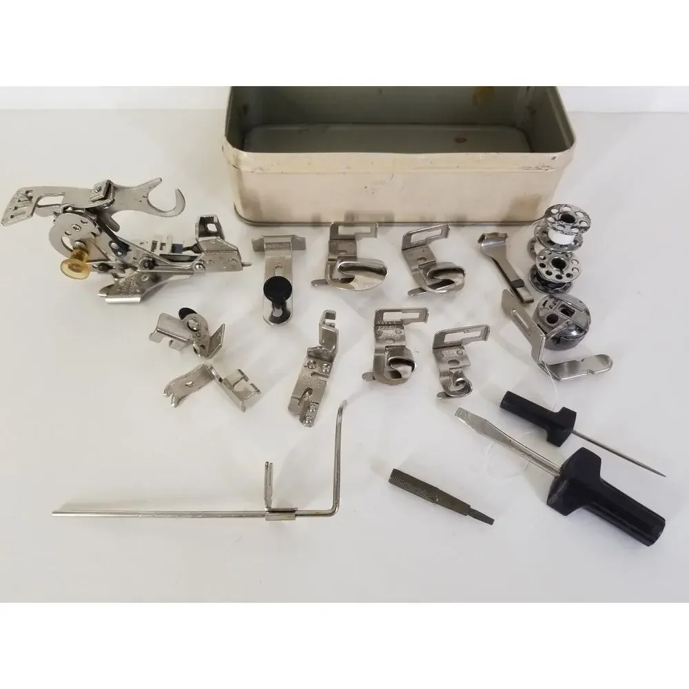 Vintage GREIST/1 Singer Sewing Machine Attachments Tools Atlas Metal Box